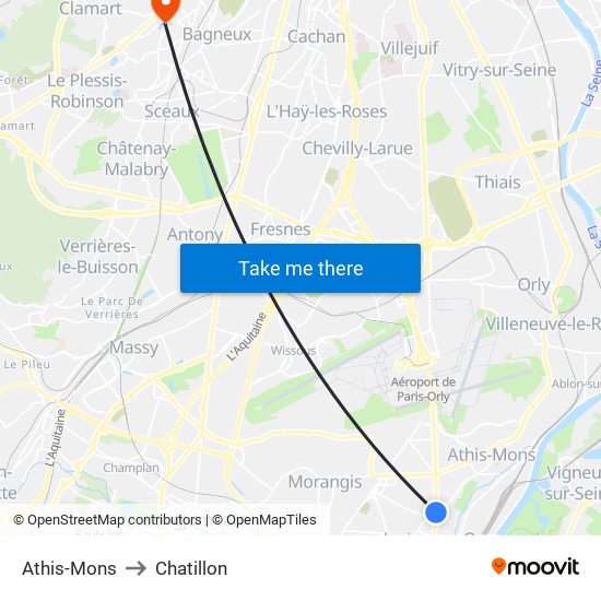 Athis-Mons to Chatillon map