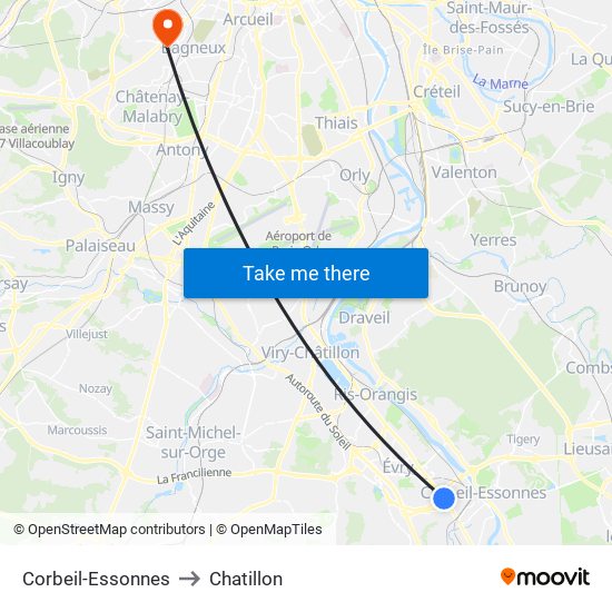 Corbeil-Essonnes to Chatillon map