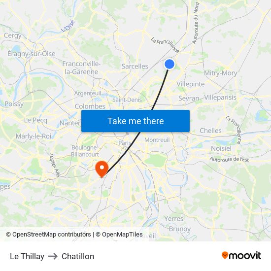 Le Thillay to Chatillon map