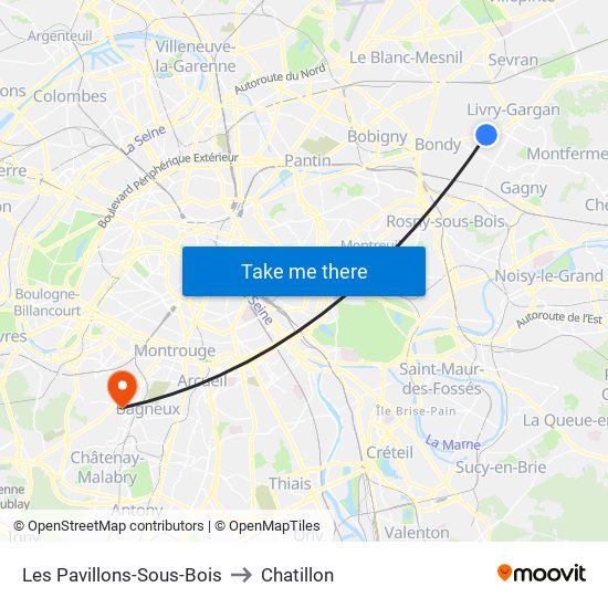 Les Pavillons-Sous-Bois to Chatillon map