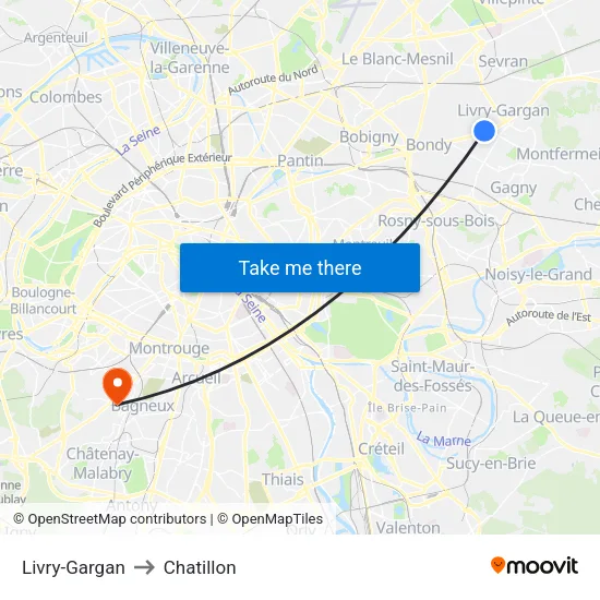 Livry-Gargan to Chatillon map