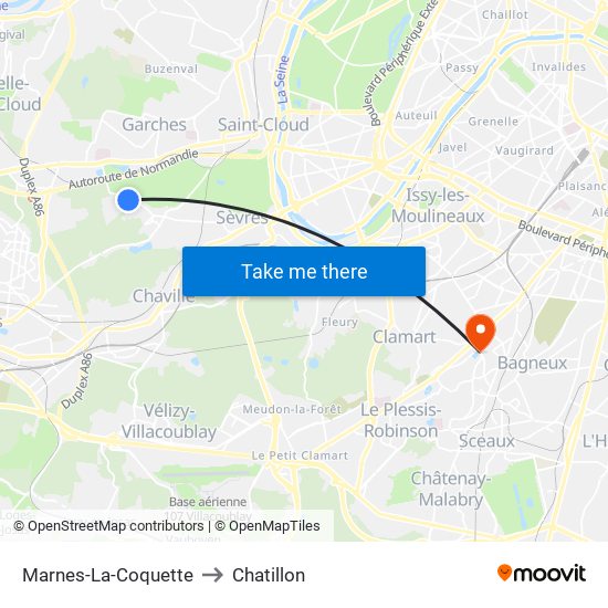 Marnes-La-Coquette to Chatillon map