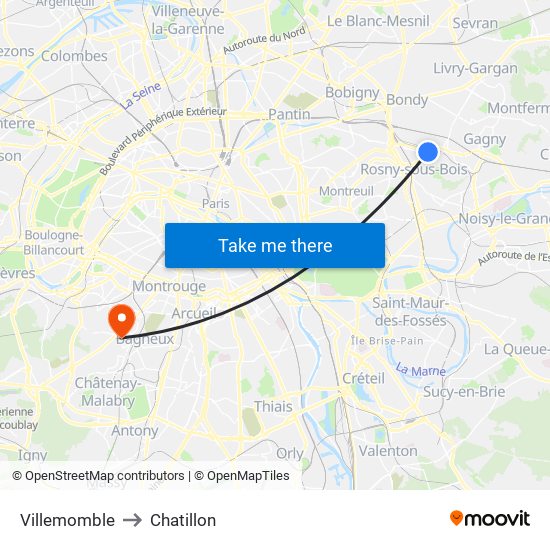 Villemomble to Chatillon map