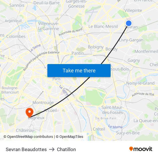 Sevran Beaudottes to Chatillon map