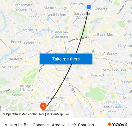 Villiers-Le-Bel - Gonesse - Arnouville to Chatillon map