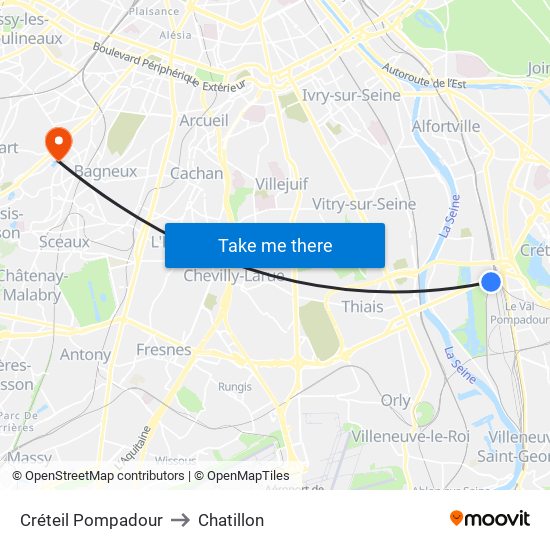 Créteil Pompadour to Chatillon map