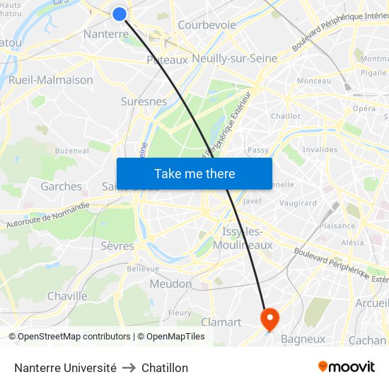 Nanterre Université to Chatillon map