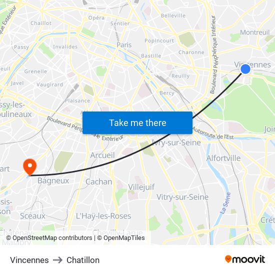 Vincennes to Chatillon map