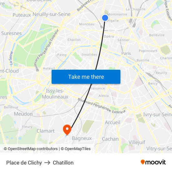 Place de Clichy to Chatillon map