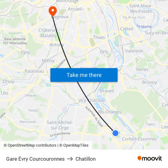 Gare Évry Courcouronnes to Chatillon map