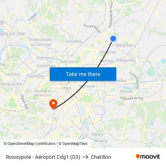 Roissypole - Aéroport Cdg1 (D3) to Chatillon map