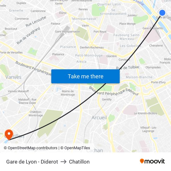 Gare de Lyon - Diderot to Chatillon map
