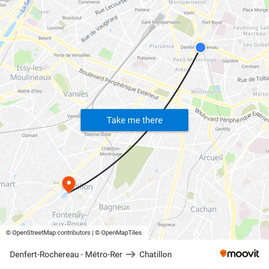 Denfert-Rochereau - Métro-Rer to Chatillon map