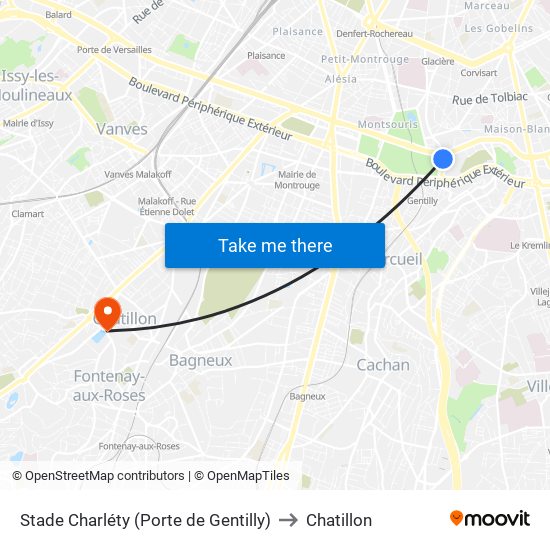 Stade Charléty (Porte de Gentilly) to Chatillon map
