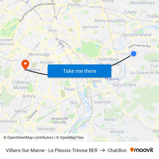 Villiers-Sur-Marne - Le Plessis-Trévise RER to Chatillon map