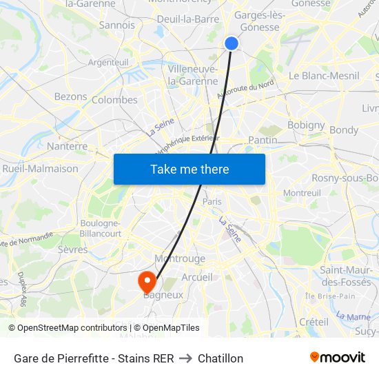 Gare de Pierrefitte - Stains RER to Chatillon map