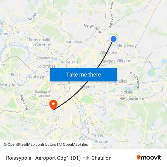Roissypole - Aéroport Cdg1 (D1) to Chatillon map