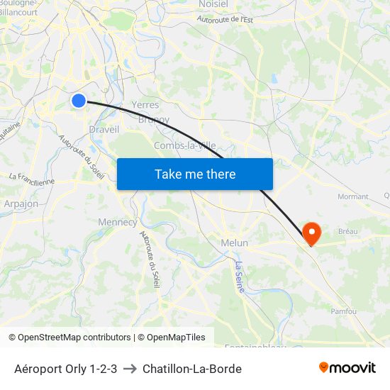 Aéroport Orly 1-2-3 to Chatillon-La-Borde map