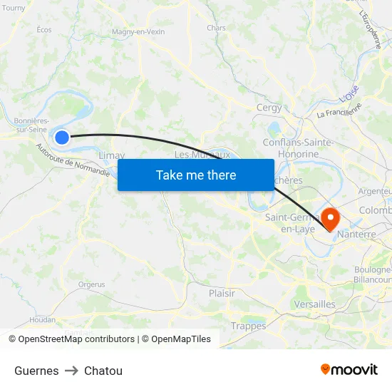 Guernes to Chatou map