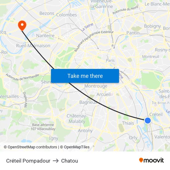Créteil Pompadour to Chatou map