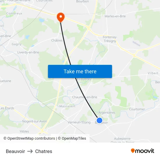 Beauvoir to Chatres map