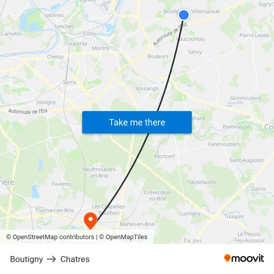 Boutigny to Chatres map