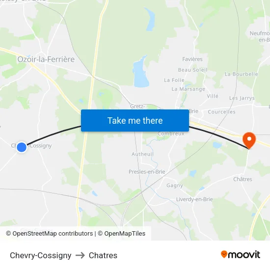 Chevry-Cossigny to Chatres map