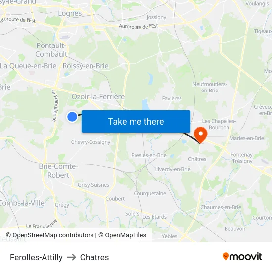 Ferolles-Attilly to Chatres map