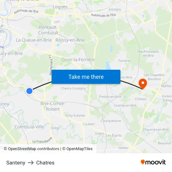 Santeny to Chatres map