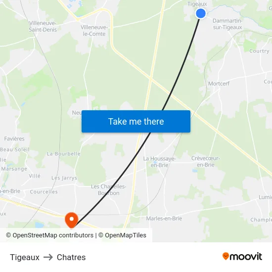 Tigeaux to Chatres map