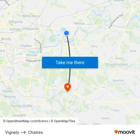 Vignely to Chatres map