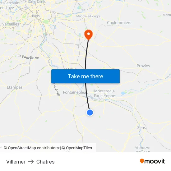 Villemer to Chatres map