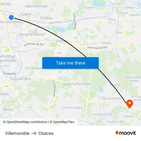 Villemomble to Chatres map