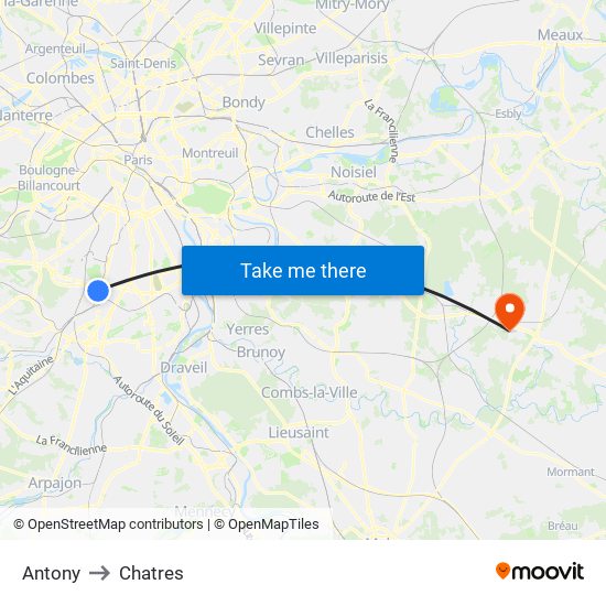 Antony to Chatres map