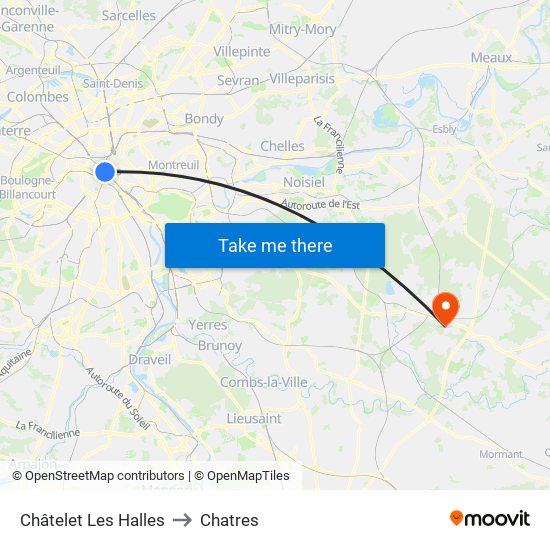 Châtelet Les Halles to Chatres map