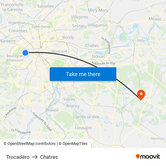 Trocadéro to Chatres map