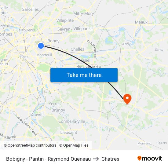 Bobigny - Pantin - Raymond Queneau to Chatres map