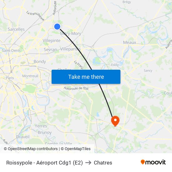 Roissypole - Aéroport Cdg1 (E2) to Chatres map
