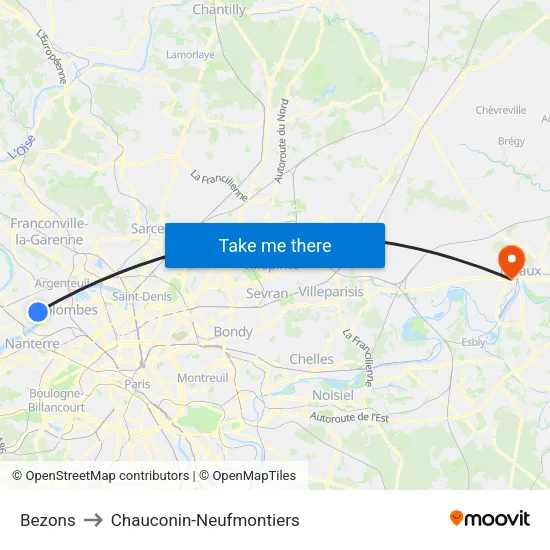 Bezons to Chauconin-Neufmontiers map