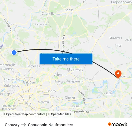 Chauvry to Chauconin-Neufmontiers map
