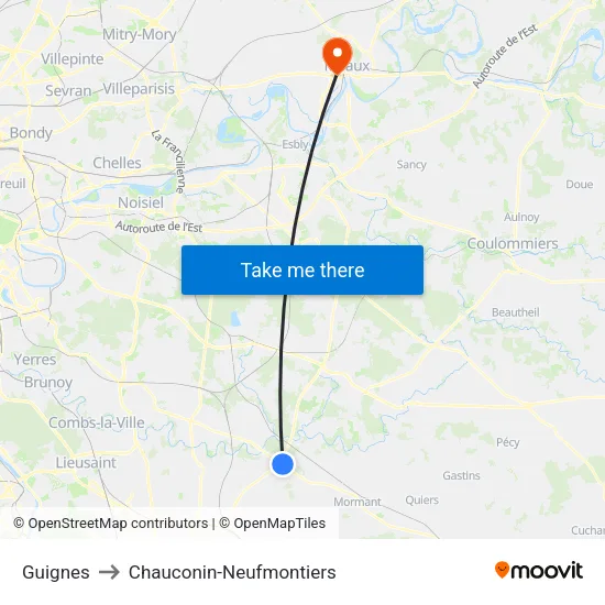 Guignes to Chauconin-Neufmontiers map