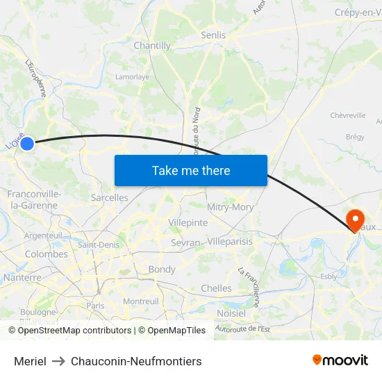 Meriel to Chauconin-Neufmontiers map