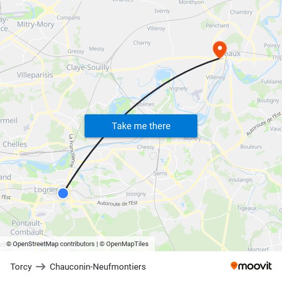 Torcy to Chauconin-Neufmontiers map