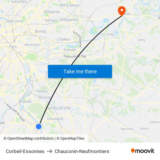 Corbeil-Essonnes to Chauconin-Neufmontiers map