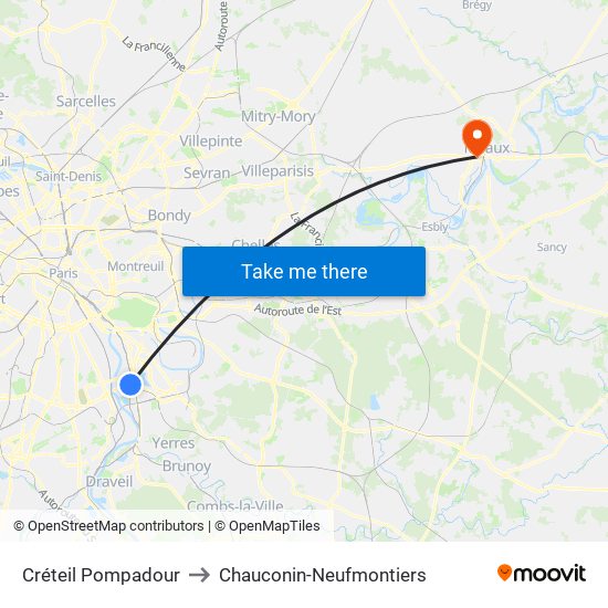 Créteil Pompadour to Chauconin-Neufmontiers map