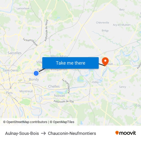 Aulnay-Sous-Bois to Chauconin-Neufmontiers map