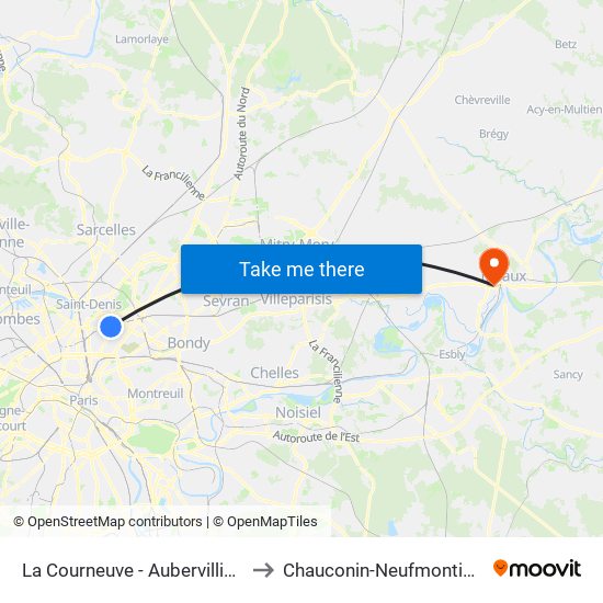 La Courneuve - Aubervilliers to Chauconin-Neufmontiers map