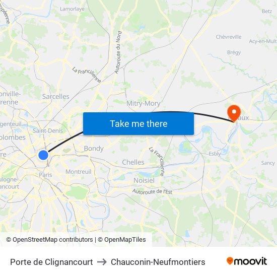 Porte de Clignancourt to Chauconin-Neufmontiers map