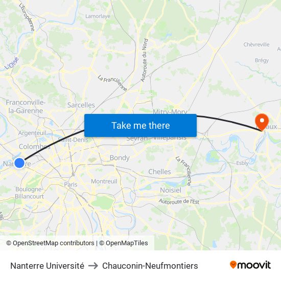 Nanterre Université to Chauconin-Neufmontiers map