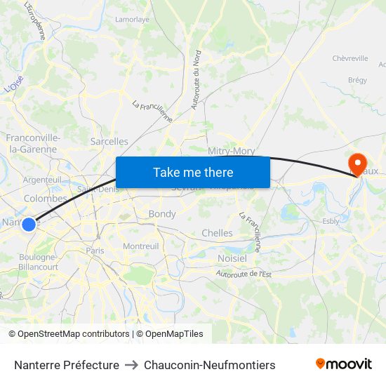 Nanterre Préfecture to Chauconin-Neufmontiers map